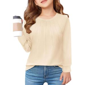 Haloumoning Girls Pleated Long Sleeve Shirts Fashion Dressy Tunic Tops Blouses 5-14 Years(Beige)