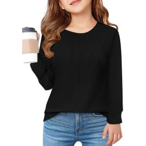 Haloumoning Girls Pleated Long Sleeve Shirts Fashion Dressy Tunic Tops Blouses 5-14 Years(Black)