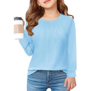 Haloumoning Girls Pleated Long Sleeve Shirts Fashion Dressy Tunic Tops Blouses 5-14 Years(Blue)