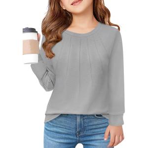 Haloumoning Girls Pleated Long Sleeve Shirts Fashion Dressy Tunic Tops Blouses 5-14 Years(Grey)