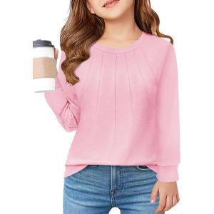 Haloumoning Girls Pleated Long Sleeve Shirts Fashion Dressy Tunic Tops Blouses 5-14 Years(Pink)