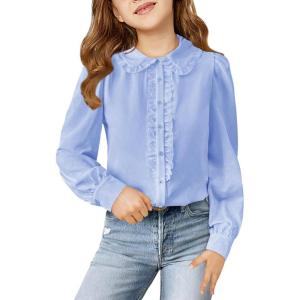 Haloumoning Girls Puff Long Sleeve Shirts Cute Casual Peter Pan Collar Blouse Ruffle Button Down Chiffon Tops 7-14 Years(Blue)