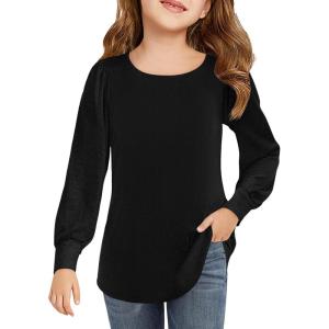 Haloumoning Girls Puff Long Sleeve Shirts Kids Casual Crewneck Soft Tunic Tops Blouse 5-14 Years(Black)