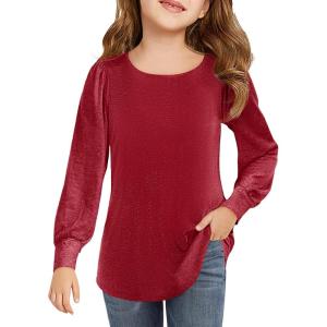 Haloumoning Girls Puff Long Sleeve Shirts Kids Casual Crewneck Soft Tunic Tops Blouse 5-14 Years(Burgundy)