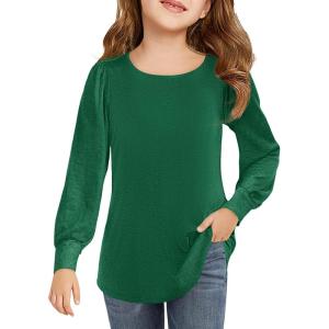 Haloumoning Girls Puff Long Sleeve Shirts Kids Casual Crewneck Soft Tunic Tops Blouse 5-14 Years(Dark Green)