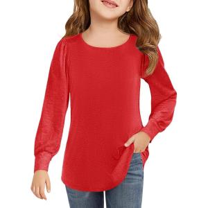 Haloumoning Girls Puff Long Sleeve Shirts Kids Casual Crewneck Soft Tunic Tops Blouse 5-14 Years(Dark Red)