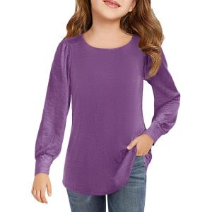 Haloumoning Girls Puff Long Sleeve Shirts Kids Casual Crewneck Soft Tunic Tops Blouse 5-14 Years(Deep Purple)