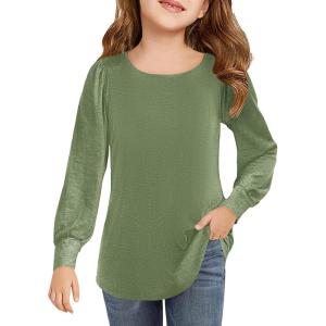 Haloumoning Girls Puff Long Sleeve Shirts Kids Casual Crewneck Soft Tunic Tops Blouse 5-14 Years(Green)
