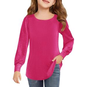 Haloumoning Girls Puff Long Sleeve Shirts Kids Casual Crewneck Soft Tunic Tops Blouse 5-14 Years(Hot Pink)