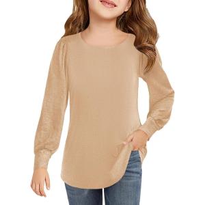 Haloumoning Girls Puff Long Sleeve Shirts Kids Casual Crewneck Soft Tunic Tops Blouse 5-14 Years(Khaki)