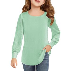 Haloumoning Girls Puff Long Sleeve Shirts Kids Casual Crewneck Soft Tunic Tops Blouse 5-14 Years(Light Green)