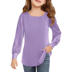 Haloumoning Girls Puff Long Sleeve Shirts Kids Casual Crewneck Soft Tunic Tops Blouse 5-14 Years(Purple)
