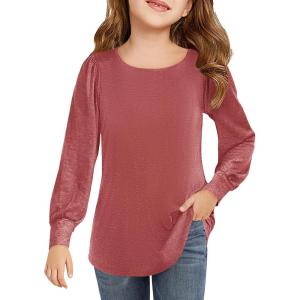 Haloumoning Girls Puff Long Sleeve Shirts Kids Casual Crewneck Soft Tunic Tops Blouse 5-14 Years(Red)