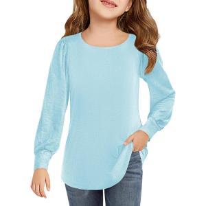 Haloumoning Girls Puff Long Sleeve Shirts Kids Casual Crewneck Soft Tunic Tops Blouse 5-14 Years(Sky Blue)