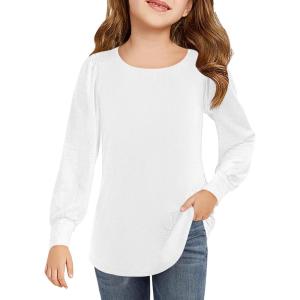 Haloumoning Girls Puff Long Sleeve Shirts Kids Casual Crewneck Soft Tunic Tops Blouse 5-14 Years(White)