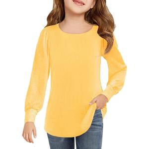 Haloumoning Girls Puff Long Sleeve Shirts Kids Casual Crewneck Soft Tunic Tops Blouse 5-14 Years(Yellow)