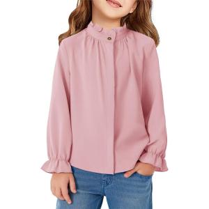 Haloumoning Girls Ruffle Long Sleeve Blouse Kids Button Down Uniform Dress Shirts 5-14 Years(Pink)