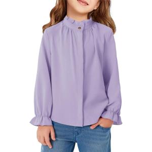 Haloumoning Girls Ruffle Long Sleeve Blouse Kids Button Down Uniform Dress Shirts 5-14 Years(Purple)