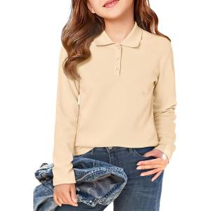 Haloumoning Girls School Uniform Long Sleeve Polo Shirt Kids Golf Pique Polo Shirts 5-14 Years(Beige)