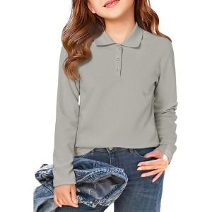 Haloumoning Girls School Uniform Long Sleeve Polo Shirt Kids Golf Pique Polo Shirts 5-14 Years(Grey)
