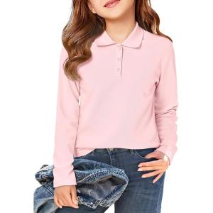 Haloumoning Girls School Uniform Long Sleeve Polo Shirt Kids Golf Pique Polo Shirts 5-14 Years(Light Pink)