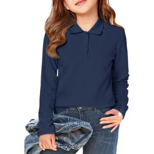 Haloumoning Girls School Uniform Long Sleeve Polo Shirt Kids Golf Pique Polo Shirts 5-14 Years(Navy)
