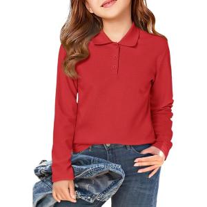 Haloumoning Girls School Uniform Long Sleeve Polo Shirt Kids Golf Pique Polo Shirts 5-14 Years(Red)