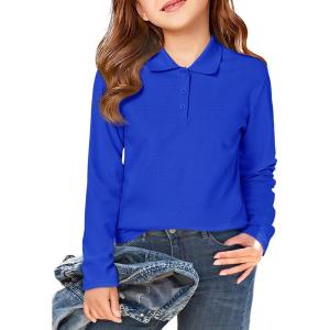 Haloumoning Girls School Uniform Long Sleeve Polo Shirt Kids Golf Pique Polo Shirts 5-14 Years(Royal Blue)