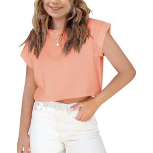 Haloumoning Girls Short Sleeve T-Shirts Crop Top Rolled Sleeve Round Neck Solid Loose Basic Tees for Summer(Coral Pink)