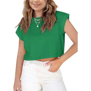 Haloumoning Girls Short Sleeve T-Shirts Crop Top Rolled Sleeve Round Neck Solid Loose Basic Tees for Summer(Green)