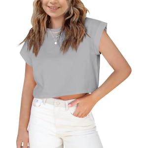 Haloumoning Girls Short Sleeve T-Shirts Crop Top Rolled Sleeve Round Neck Solid Loose Basic Tees for Summer(Grey)