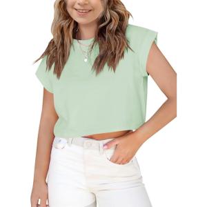 Haloumoning Girls Short Sleeve T-Shirts Crop Top Rolled Sleeve Round Neck Solid Loose Basic Tees for Summer(Light Green)