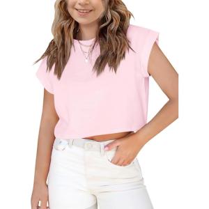 Haloumoning Girls Short Sleeve T-Shirts Crop Top Rolled Sleeve Round Neck Solid Loose Basic Tees for Summer(Light Pink)