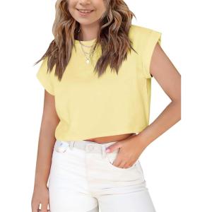 Haloumoning Girls Short Sleeve T-Shirts Crop Top Rolled Sleeve Round Neck Solid Loose Basic Tees for Summer(Light Yellow)