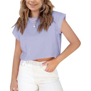 Haloumoning Girls Short Sleeve T-Shirts Crop Top Rolled Sleeve Round Neck Solid Loose Basic Tees for Summer(Purple)
