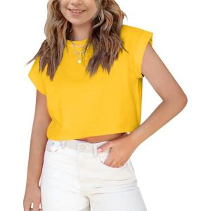 Haloumoning Girls Short Sleeve T-Shirts Crop Top Rolled Sleeve Round Neck Solid Loose Basic Tees for Summer(Yellow)