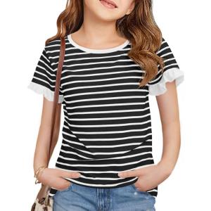Haloumoning Girls Striped Ruffle Short Sleeve T Shirts Kids Summer Crewneck Tops Casual Tees 5-14 Years(Black)