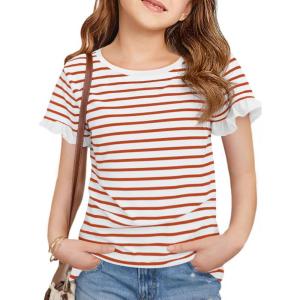 Haloumoning Girls Striped Ruffle Short Sleeve T Shirts Kids Summer Crewneck Tops Casual Tees 5-14 Years(Orange)