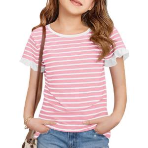 Haloumoning Girls Striped Ruffle Short Sleeve T Shirts Kids Summer Crewneck Tops Casual Tees 5-14 Years(Pink)