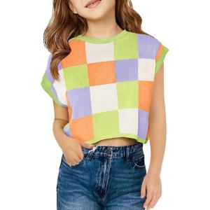 Haloumoning Girls Summer Crop Tops Color Block Vest Cute Tanks Cap Sleeve Tee Loose Kids Knit Top 5-14 Years(Green)