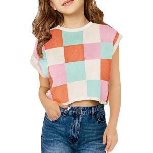 Haloumoning Girls Summer Crop Tops Color Block Vest Cute Tanks Cap Sleeve Tee Loose Kids Knit Top 5-14 Years(Pink)