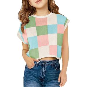 Haloumoning Girls Summer Crop Tops Color Block Vest Cute Tanks Cap Sleeve Tee Loose Kids Knit Top 5-14 Years(Sky Blue)