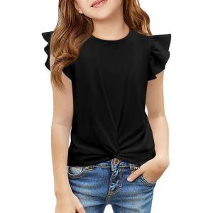 Haloumoning Girls T Shirts Ruffle Sleeve Twist Front Tshirts Summer Casual Crewneck Tees Tops 5-14 Years(Black)