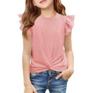 Haloumoning Girls T Shirts Ruffle Sleeve Twist Front Tshirts Summer Casual Crewneck Tees Tops 5-14 Years(Light Pink)