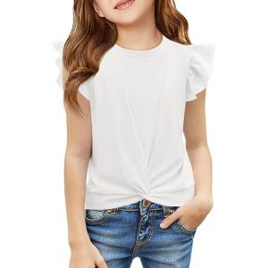 Haloumoning Girls T Shirts Ruffle Sleeve Twist Front Tshirts Summer Casual Crewneck Tees Tops 5-14 Years(White)