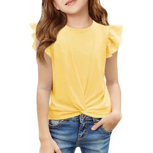 Haloumoning Girls T Shirts Ruffle Sleeve Twist Front Tshirts Summer Casual Crewneck Tees Tops 5-14 Years(Yellow)