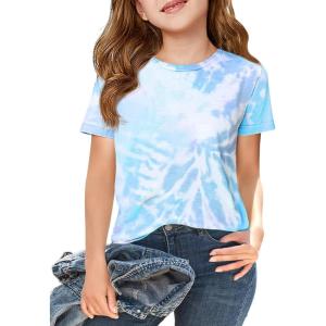 Haloumoning Girls Tie Dye Short Sleeve Shirt Kids Summer Fashion Crewneck Tops Casual Tees 5-14 Years(Blue)