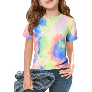 Haloumoning Girls Tie Dye Short Sleeve Shirt Kids Summer Fashion Crewneck Tops Casual Tees 5-14 Years(Jewelry Blue)