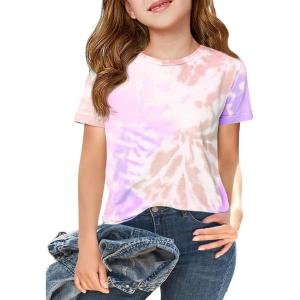 Haloumoning Girls Tie Dye Short Sleeve Shirt Kids Summer Fashion Crewneck Tops Casual Tees 5-14 Years(Light Pink)