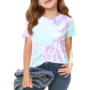 Haloumoning Girls Tie Dye Short Sleeve Shirt Kids Summer Fashion Crewneck Tops Casual Tees 5-14 Years(Lilac)